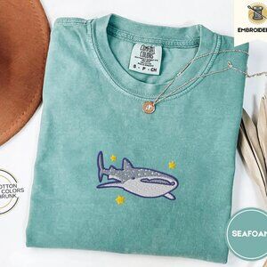 New Comfort Colors whale shark whimsical novelty embroidered 100% cotton t-shirt